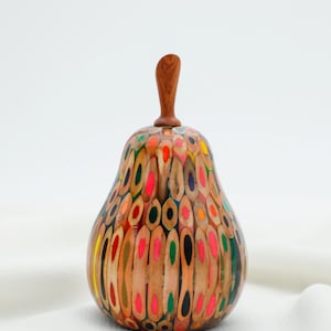 Handmade Pear Sculpture: Colored Pencil Pear, Fruit Decor & Gift, Lovebirds Design - 2.95"x5.9"