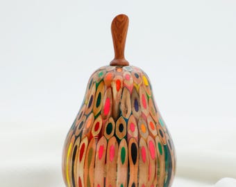 Handmade Pear Sculpture: Colored Pencil Pear, Fruit Decor & Gift, Lovebirds Design - 2.95"x5.9"