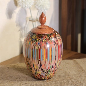 Colored-pencil Heirloom Jar - Wooden Lid - Handmade - Cast in Clear Resin - Circle Shape - by Henry Le Design