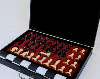 Luxury Chess Set with Suede Base – Leather Chess Board and Storage Box – Wooden Ebony and Maple Chess Set
