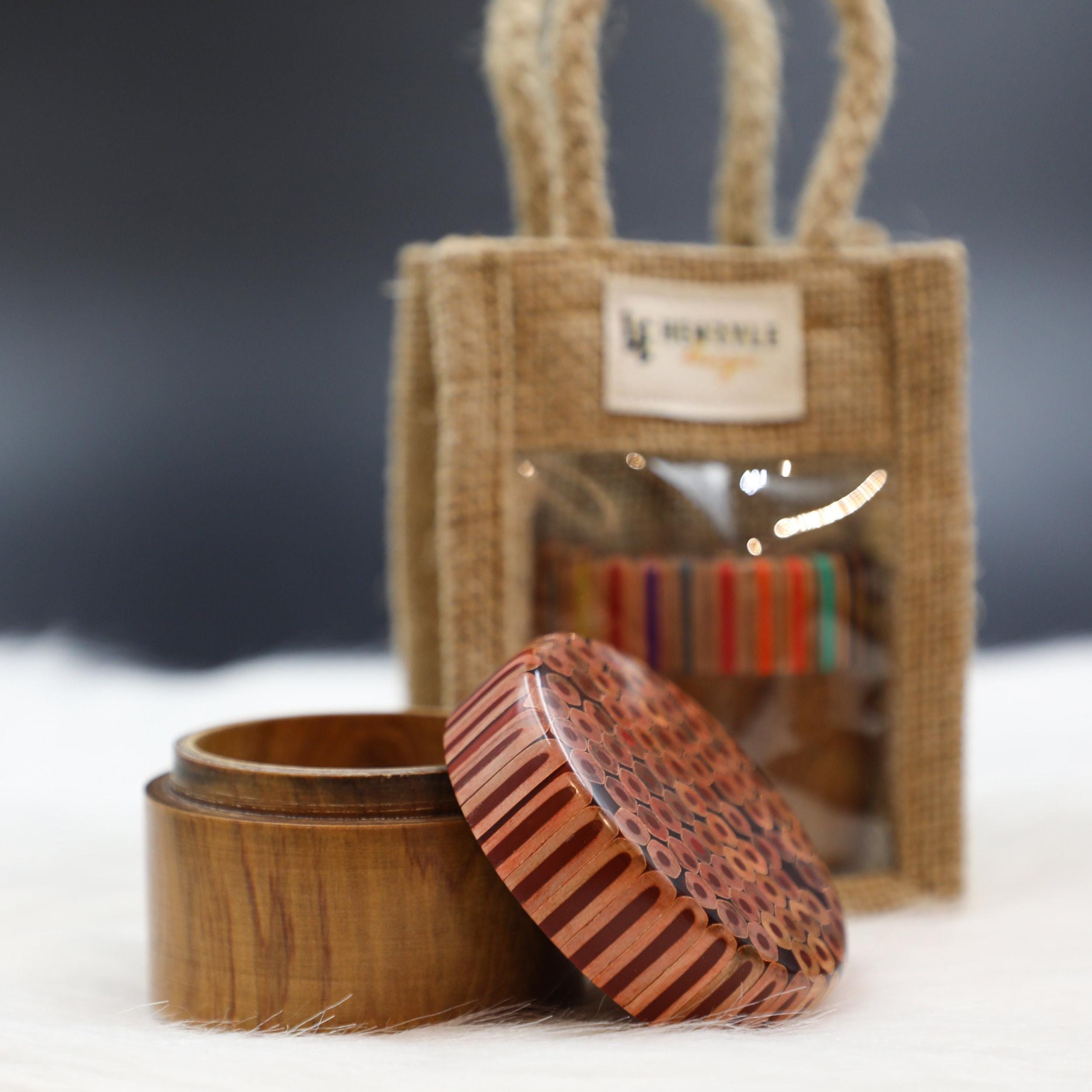 S-Size Jewelry Box - Handmade Round Storage Box With Color Pencil Lid - Natural Wood Craft Ring, Earring and Necklace Boxes