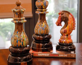 Large Wood Chess Pieces Set - King, Queen, Knight, Colored Pencil Art