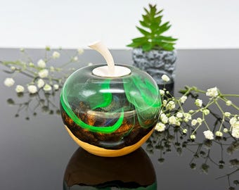 Aurora Borealis Resin Apple Paperweight: Northern Lights Wood Art