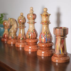 Set 6 Giant Deluxe Chess Pieces - King, Queen, Bishop, Knight, Rook Pawn Blended of Wood, Resin and Colored Pencils for Decoration & Gift