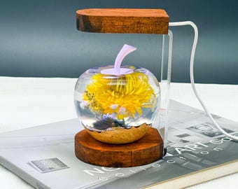 Chrysanthemum Resin Apple Night Light: Handmade Wood LED Lamp