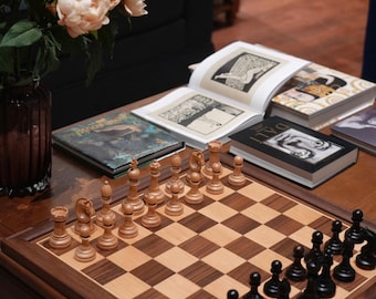 Ebony, Maple & Walnut Wood Chess Set: Velvet Base, Luxury Gift for Him