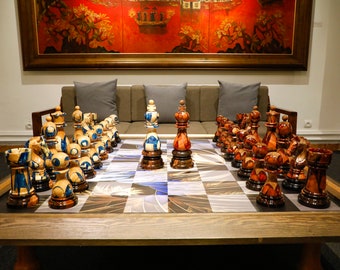 Full Set Giant Deluxe Chess Pieces with Board - High End Blended of Wood & Resin. Luxury Art Decor Chess Set