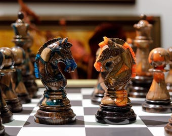 Handmade Giant Wood & Resin Chess Set: Luxury Art Decor, Large Chess, Gift for Dad
