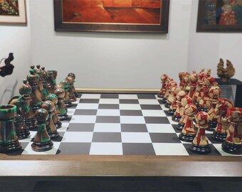 手作りの巨大チェスセット - チェス駒32個とボード付き、高級アート