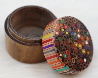 S-Size Jewelry Box - Handmade Round Storage Box With Color Pencil Lid - Natural Wood Craft Ring, Earring and Necklace Boxes