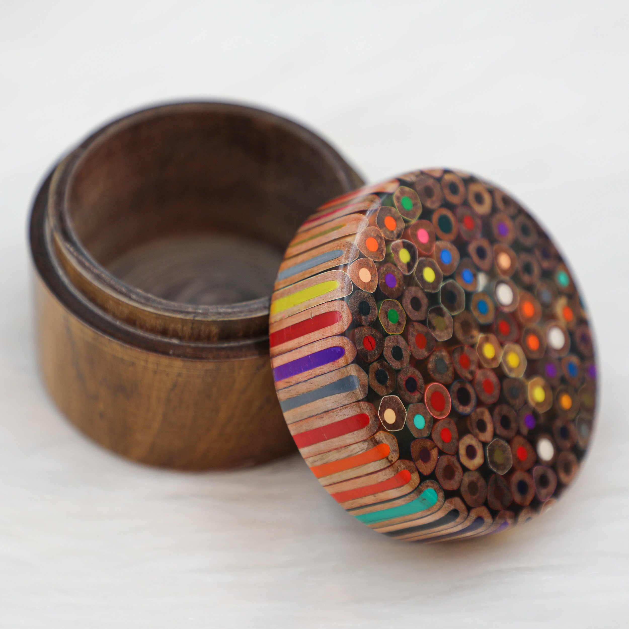 S-Size Jewelry Box - Handmade Round Storage Box With Color Pencil Lid - Natural Wood Craft Ring, Earring and Necklace Boxes
