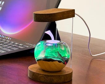 Aurora Resin Apple Night Light, Handmade Wood Decor with RGB LED