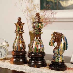Set 3 Giant Deluxe Chess Pieces - King, Queen & Knight Blended of Wood, Resin and Colored Pencils for Decoration, Unique Art Gift