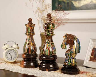 Set 3 Giant Chess Pieces - King, Queen, Knight, Wood & Colored Pencils Unique Art Gift