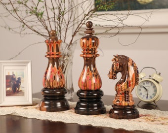 Large Wood Chess Pieces Set - King, Queen, Knight, Colored Pencil Art