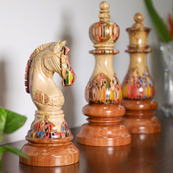 King's Knight Series Resin Chess Set with Black & Wood Grain