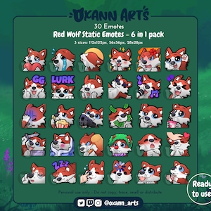 30x RED Wolf Emotes Pack for Twitch - Cute baby wolf - Kawaii wolf or Husky dog (6 in 1 one pack)
