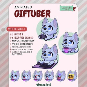 May include: An animated "Giftuber" graphic featuring a white wolf character in various poses and expressions. The image includes text indicating 3 poses, 6 expressions, and voice detection. The product is designed for VeadeTube Mini and includes a setup guide.