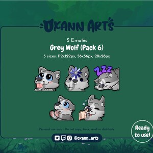 5x GREY Wolf Emotes Pack for Twitch - Cute baby wolf - Kawaii wolf or Husky dog (Pack 6)