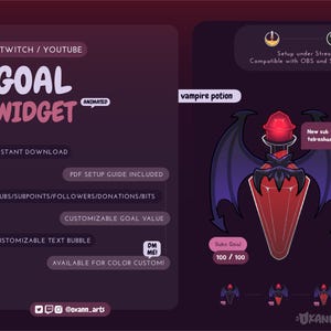 May include: Animated Twitch or YouTube goal widget with a vampire potion theme. The widget features a red potion bottle with black bat wings and a red gem. The text "vampire potion" is at the top of the widget. The text "New sub from telroshan!" is in a white speech bubble. The text "Subs Goal 100/100" is below the potion bottle. The text "DM ME!" is in a white speech bubble. The text "AVAILABLE FOR COLOR CUSTOMI" is below the speech bubble. The text "@oxann_arts" is at the bottom of the widget.