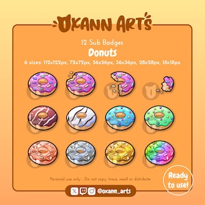 12 DONUT-subbadges of emotes voor Twitch | Streaming cheer-badges | Yummy Funny Donuts-kanaalpunten | Bitbadges