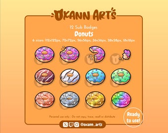 12x DONUT Sub Badges or Emotes for Twitch | Streaming cheer badges | Yummy Funny Donuts Channel points | Bit Badges