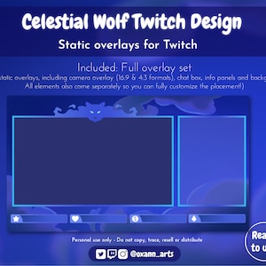 CELESTIAL WOLF (BLUE Edition) - Twitch Static Overlay | Instant download | Beautiful wolf camn chat and info overlays for streamers