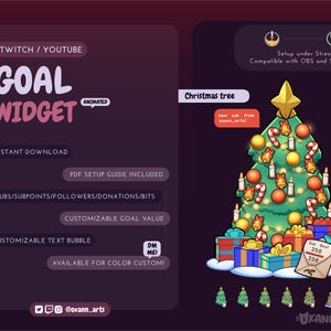 Könnte beinhalten: Digitales Weihnachts-Ziel-Widget für Twitch- und YouTube-Streamer. Das Design zeigt einen geschmückten Weihnachtsbaum, Geschenkboxen und Zuckerstangen. Der Text enthält "Goal Widget", "Instant Download" und Einrichtungsanweisungen.