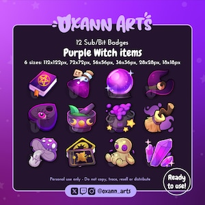 12 PAARSE HEKS-items Badges of emotes voor Twitch | Streaming cheer-badges | Cute Cosy Fantasy-objecten Kanaalpunten | Bitbadges