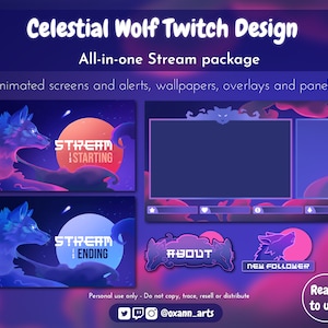 CELESTIAL WOLF (PURPLE Edition) - All-in-one animated Stream Package | Instant download | Overlays, alerts, panels and screens for streamers