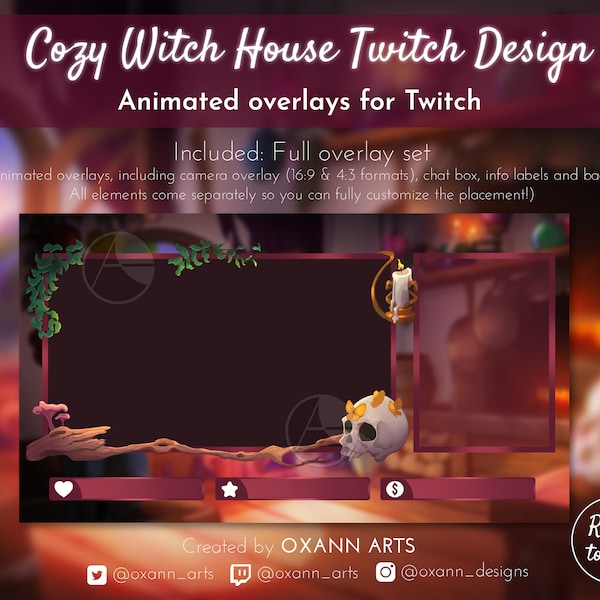 COZY WITCH HOUSE - Twitch Animated Overlay | Instant download | spooky halloween cam, cute wizard chat and info overlays for streamers