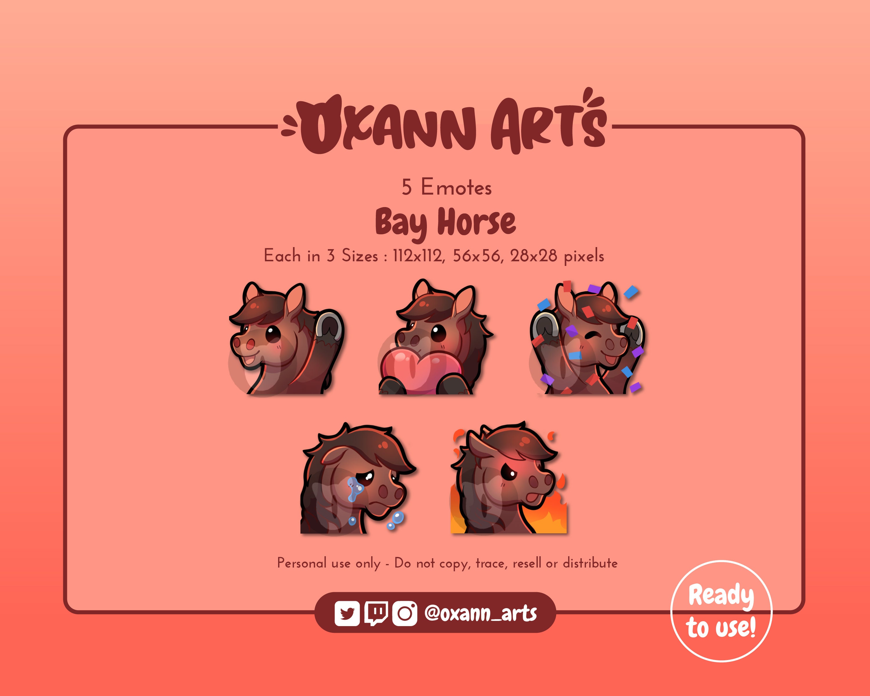 5x BAY HORSE Emotes Emoji pack for Twitch - Cute Brown Pony- Kawaii/chibi Foal