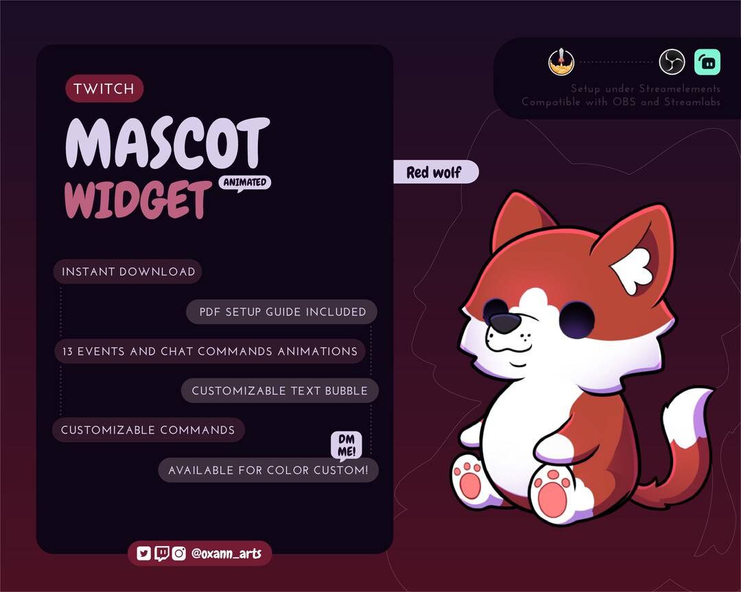 Animated Red Wolf Stream Mascot: Chibi Twitch Pet, Customizable ...