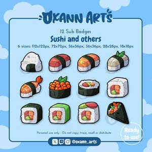 12x badge Twitch Sushi Onigiri Sub / Cute Bits / Punti canale / Cibo giapponese Cheer / Badge chat / Badge bit / Pacchetto emote kawaii /