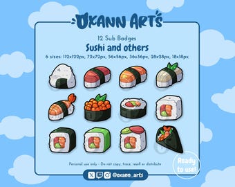 Badge Sushi e Onigiri per Twitch/Discord - Streaming Sub/Bit/Punti Canale/Emote (confezione da 12)