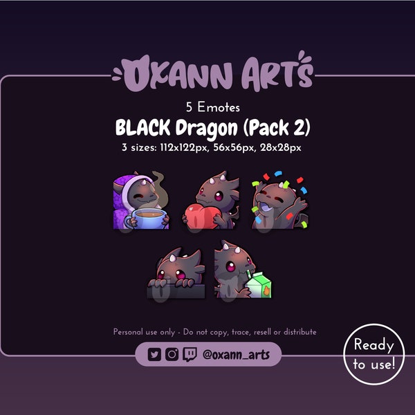 5x BLACK DRAGON Emotes for Twitch (Pack 2) - Cute Dragonflight emojis - Kawaii