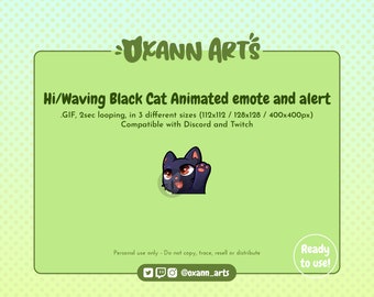 Puede incluir: GIF animado de un gato negro saludando con la lengua roja fuera. El gato está en un círculo verde. El texto "Hi/Waving Black Cat Animated emote and alert" está por encima del gato. El texto ".GIF, 2sec looping, in 3 different sizes (112x112/128x128 / 400x400px)" está debajo del gato. El texto "Compatible with Discord and Twitch" está debajo de los tamaños. El texto "Personal use only - Do not copy, trace, resell or distribute" está debajo del texto de compatibilidad. El texto "@oxann_arts" está debajo del texto de uso personal. El texto "Ready to use!" está en un círculo en la esquina inferior derecha de la imagen.