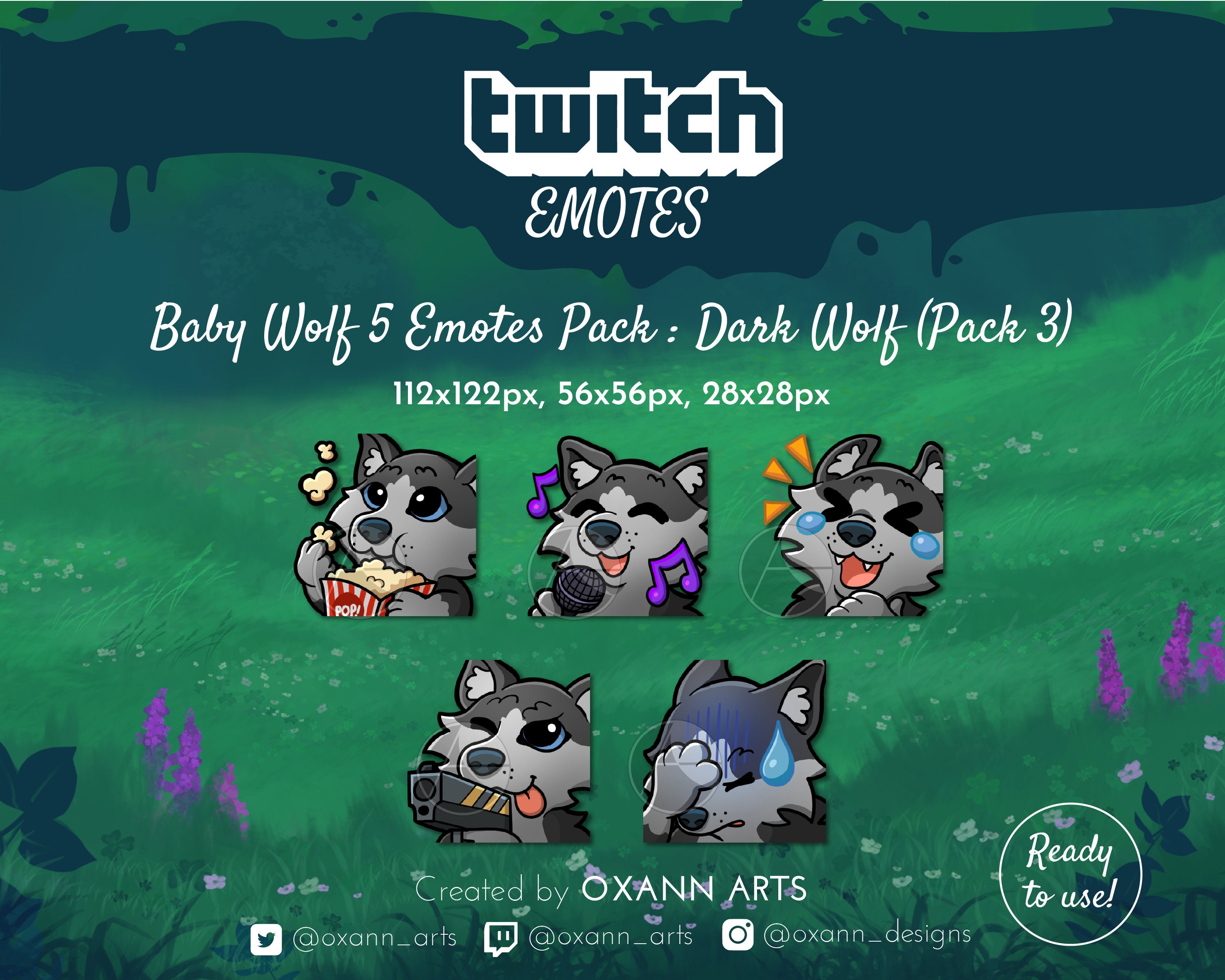 5x Black Wolf Emotes Pack For Twitch Cute Baby Wolf Kawaii Etsy