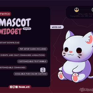 WHITE CAT Mascot / Stream Pet for Twitch | Cute animated customizable widget | Streamelements widget for OBS/Streamlabs
