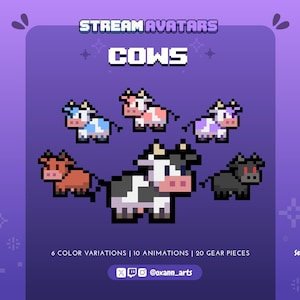 May include: A purple graphic with pixelated cow avatars in various colors. The text at the top reads "STREAM AVATARS COWS". Below the cows are the words "6 COLOR VARIATIONS | 10 ANIMATIONS | 20 GEAR PIECES".