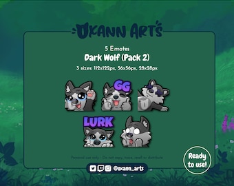 5x DARK Wolf Emotes Pack for Twitch - Cute baby wolf - Kawaii wolf or Husky dog (Pack 2)