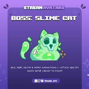 May include: A digital art graphic on a purple background features a green slime cat with a skull-like face and a small sword. The text reads "BOSS: SLIME CAT" and details about animations and setup.