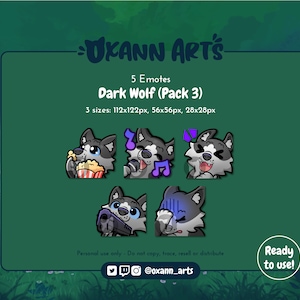 5x BLACK Wolf Emotes Pack for Twitch - Cute baby wolf - Kawaii wolf or Husky dog (Pack 3)