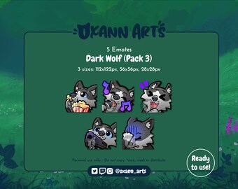5x BLACK Wolf Emotes Pack for Twitch - Cute baby wolf - Kawaii wolf or Husky dog (Pack 3)