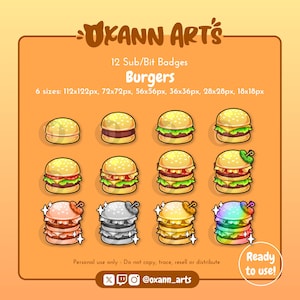 May include: A digital art graphic featuring 12 burger-themed sub/bit badges in various sizes. The badges showcase different burger designs with toppings and colors. The text "Burgers" and "Ready to use!" are included.