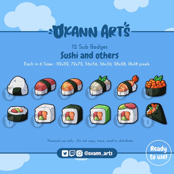 Odznaki sub Twitch Sushi Onigiri | Śliczne bity / punkty kanału | Japońskie jedzenie Cheer | Odznaki czatu | Odznaki Bit | | Pakietem emotek Kawaii