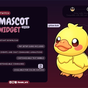 Puede incluir: Anuncio de un widget de mascota digital con un pato amarillo de dibujos animados. El texto dice "MASCOT WIDGET" e incluye detalles como descarga instantánea y opciones de personalización. El pato tiene un diseño lindo con mejillas rosadas.