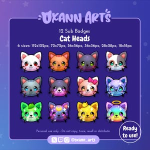 12x CAT HEAD Sub/Bit BADGES for Twitch | Streaming cheer badges | Colorful Cute Kitty