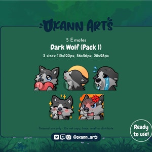 5x DARK Wolf Emotes Pack for Twitch - Cute baby wolf - Kawaii wolf or dog (Pack 1)