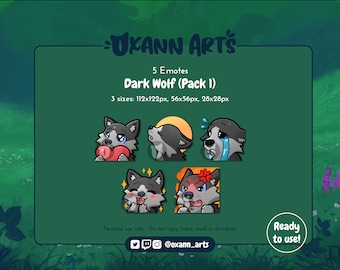 5x DARK Wolf Emotes Pack for Twitch - Cute baby wolf - Kawaii wolf or dog (Pack 1)